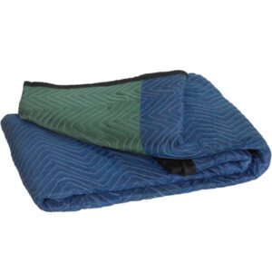 The MH-USA 72 x 80 Deluxe Moving Blankets, sold in a set of six, feature a quilted design with blue and green sections and are finished with black edging.