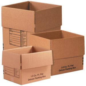 The MH-USA Lbs1 Moving Box Combo Pack includes three nested cardboard boxes with labeled cubic foot measurements: the largest is 3.0 cu. ft., the smallest is 1.5 cu. ft., and the medium is unlabeled, all stacked neatly inside each other for easy packing.