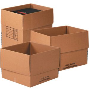 Three MH-USA Lbs2 Moving Box Combo Pack cardboard boxes are visible, with two open and one closed. Labeled with different measurements, they seem sturdy and perfect for storage or moving, making them ideal for packing needs.