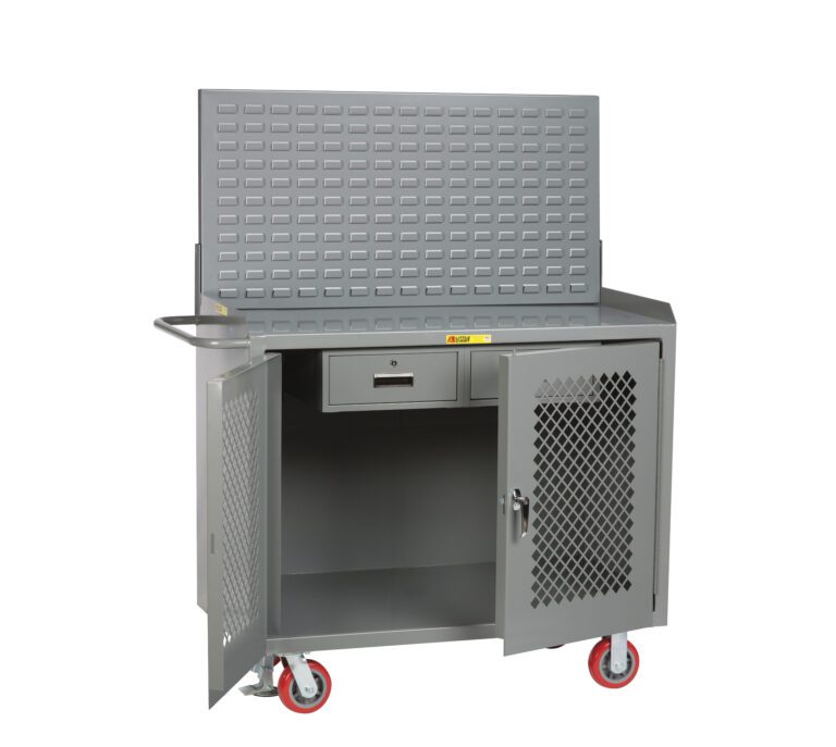 The Little Giant Mobile Bench Cabinets with Clearview Doors feature red caster wheels and a perforated back panel for versatile mobility. The sturdy design includes Clearview mesh doors, a closed drawer above, and a side handle for easy maneuvering—ideal for efficient tool storage and organization.
