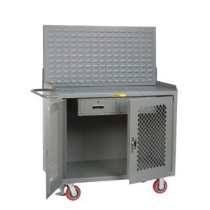 The Little Giant Mobile Bench Cabinets with Clearview Doors feature red caster wheels and a perforated back panel for versatile mobility. The sturdy design includes Clearview mesh doors, a closed drawer above, and a side handle for easy maneuvering—ideal for efficient tool storage and organization.