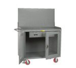 A gray rolling tool cabinet features red caster wheels, a perforated pegboard backing, and resembles the Little Giant Mobile Bench Cabinets with Clearview Doors. It includes a handle on the left side, an open door for interior storage, and a closed drawer above.