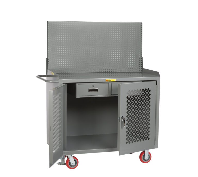 A gray rolling tool cabinet features red caster wheels, a perforated pegboard backing, and resembles the Little Giant Mobile Bench Cabinets with Clearview Doors. It includes a handle on the left side, an open door for interior storage, and a closed drawer above.
