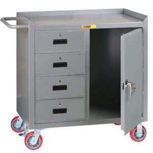 Introducing the Little Giant 36 Wide Mobile Bench Cabinet with drawers and doors, equipped with four smooth-gliding drawers and an open cabinet door. Set on vibrant red swivel wheels, this sleek gray utility cart includes a side handle for easy mobility.