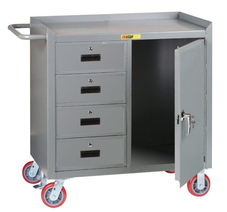Introducing the Little Giant 36 Wide Mobile Bench Cabinet with drawers and doors, equipped with four smooth-gliding drawers and an open cabinet door. Set on vibrant red swivel wheels, this sleek gray utility cart includes a side handle for easy mobility.