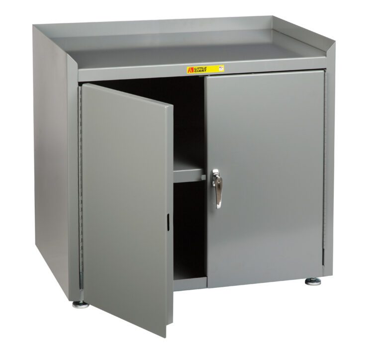 A gray metal cabinet, similar to the Little Giant Stationary Shop Cabinets w/Leg Levelers, has one door partially open, showing an inner shelf. It features a flat top and adjustable feet for elevation. A small label with text decorates the front.