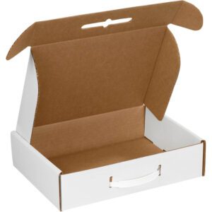 The MH-USA 12 1/8 x 9 1/4 x 3 White Corrugated Carrying Case features side flaps, a front handle for easy transport, and a brown interior. Available in bundles of ten, its ideal for securely carrying items.