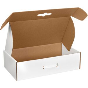 An open MH-USA 18 1/4 x 11 3/8 x 4 1/2 white corrugated carrying case with a brown interior and front handle is ready for packaging against a plain background, available in a versatile bundle of ten.