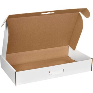 The MH-USA 24 x 14 x 4 white corrugated carrying case, with a brown interior and small handle on the raised lid, is open against a minimalist white background. Part of a 10/bundle set.