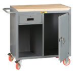 The Little Giant 36 Wide Mobile Bench Cabinet offers a gray metal utility cart with a wooden top, small drawer, and lockable cabinet. It features ample storage space behind its door, four red casters for mobility, and a side handle for easy maneuvering.