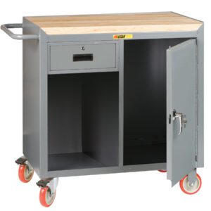 The Little Giant 36 Wide Mobile Bench Cabinet offers a gray metal utility cart with a wooden top, small drawer, and lockable cabinet. It features ample storage space behind its door, four red casters for mobility, and a side handle for easy maneuvering.