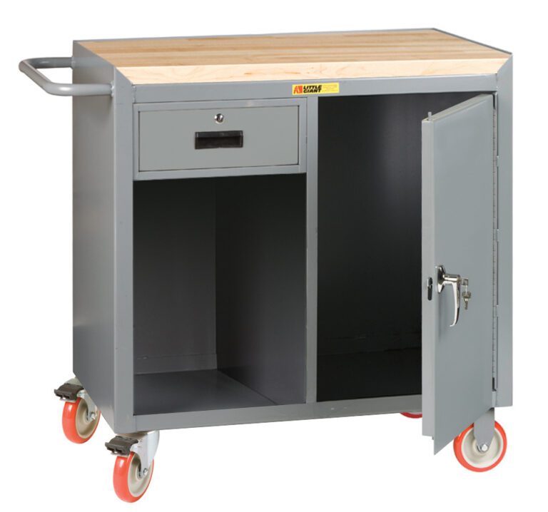 The Little Giant 36 Wide Mobile Bench Cabinet offers a gray metal utility cart with a wooden top, small drawer, and lockable cabinet. It features ample storage space behind its door, four red casters for mobility, and a side handle for easy maneuvering.