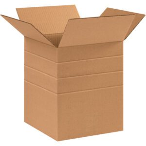 The MH-USA 10 x 10 x 12 Multi-Depth Corrugated Boxes, made of classic brown corrugated material with flaps extended outward, are displayed upright against a white background. Ideal for shipping or storage, they come in a handy bundle of 25.