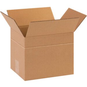 A plain, open MH-USA 10 x 8 x 8 multi-depth corrugated box with extended flaps sits empty against a white background, displaying its textured, rectangular design.