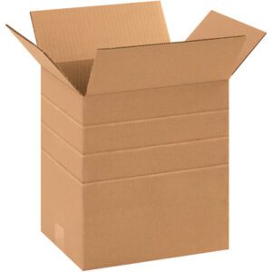 An open, empty cardboard box with outward flaps, made of brown corrugated material. This MH-USA 11 1/4 x 8 3/4 x 12 multi-depth box stands upright, showcasing its reliability for packaging or shipping.