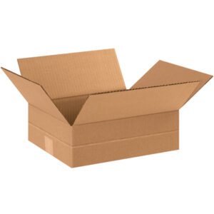 The MH-USA 12 x 10 x 4 Multi-Depth Corrugated Boxes (25/Bundle) stand open with flaps extended, highlighting their versatile design and suitability for various packing needs, against a plain white background.