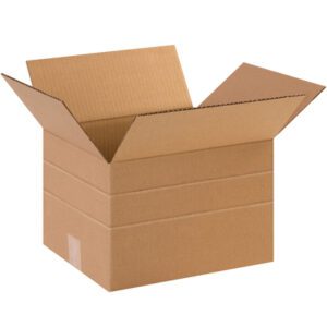 An open MH-USA 12 x 10 x 6 multi-depth corrugated box from a 25/bundle set features its sturdy brown design with flaps spread outward against a plain white background.