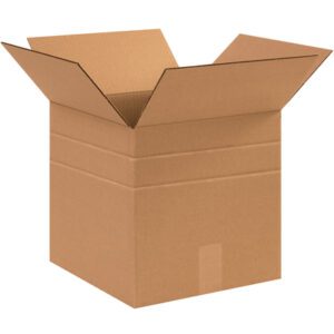 An open MH-USA 12 x 12 x 12 multi-depth corrugated box, from a bundle of 25, is displayed with flaps extended outward against a plain white background, highlighting its sturdy design.