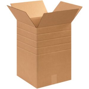 A tall, open MH-USA 12 x 12 x 18 multi-depth corrugated brown cardboard box with flaps is upright, showcasing its folds and ready for packing or storage, sold in bundles of 25.