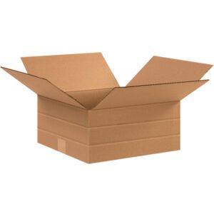An MH-USA 12 1/2 x 12 1/2 x 6 multi-depth corrugated box stands open with flaps extended against a white background, revealing its corrugated texture. The plain exterior lacks labels or markings. Sold in bundles of 25, it showcases simplicity and functionality.