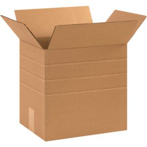 An empty, open MH-USA 12 1/4 x 9 1/4 x 12 multi-depth corrugated box with flaps extended stands against a white background, its brown surface featuring horizontal lines and a small piece of tape, exemplifying simplicity and utility.