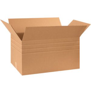 The MH-USA 30 x 17 x 16 Multi-Depth Corrugated Box, a part of the 15/Bundle pack, features an open flap design, revealing its empty interior. Its plain brown look is ideal for storage or shipping. Clean edges and visible corrugation highlight its sturdy features against the white background.