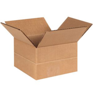 An open MH-USA 6 x 6 x 4 Multi-Depth Corrugated Box, part of a 25/Bundle set, with flaps extended outward against a plain white background, ready to be filled.