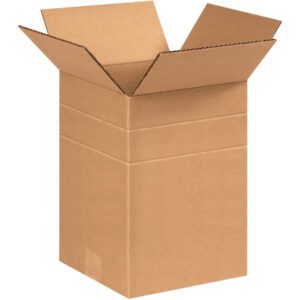 An open, tall brown cardboard box with unfolded flaps on a white background exemplifies versatility, just like the MH-USA 8 1/2 x 8 1/2 x 12 Multi-Depth Corrugated Boxes (25/Bundle) for all your packing and storage needs.