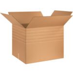 An open MH-USA 30 x 24 x 24 heavy-duty multi-depth box with outward flaps lies empty on a plain white background, showcasing its sturdy brown build, perfect for packing or shipping.