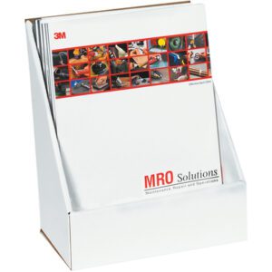 The 3M MRO Solutions brochures, featuring vivid tool and equipment images, are elegantly organized in the MH-USA White Literature Counter Display (9 3/8 x 5 1/2 x 11 3/16, available in bundles of ten).