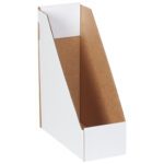 The MH-USA Magazine File Boxes (50/Bundle) are 9 1/4 x 4 x 12, featuring a white and brown cardboard design with an angled opening, ideal for organizing magazines or papers vertically. The brown interior and edges accentuate the cardboard material.