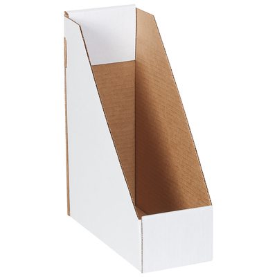 MDIS105.jpg The MH-USA Magazine File Boxes (50/Bundle) are 9 1/4 x 4 x 12, featuring a white and brown cardboard design with an angled opening, ideal for organizing magazines or papers vertically. The brown interior and edges accentuate the cardboard material.