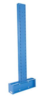 The Vestil Cantilever Double Upright Md 10Ft 18Arm features a 10-foot blue metal beam on a stable rectangular base. It includes evenly spaced holes for adjustable attachments and an 18-inch arm, making it ideal for diverse mounting needs against light backdrops.