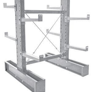 The Vestil Galv Cantilever Dbl 6 Upright Md 24 Set is a gray metal storage rack with adjustable arms and cross-bracing, ideal for long, flat items. Its broad base enhances stability, and the design is robust and industrial.