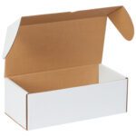An MH-USA 14.5 x 7.25 x 5 White Outside Tuck Mailer, white outside and brown inside, is shown with partially open flaps against a plain background, emphasizing its versatile design.