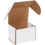 An open MH-USA 7 5/8 x 6 x 5 7/16 white outside tuck mailer reveals a brown interior. The cardboard box is part of a convenient pack of 25 per bundle and is elegantly displayed against a plain white background.