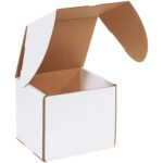 An opened MH-USA 7 1/8 x 6 5/8 x 6 1/2 White Outside Tuck Mailer, featuring a brown interior, rests against a plain white background with its lid partially folded back.