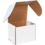 An MH-USA 9 1/2 x 8 x 8 White Outside Tuck Mailer from a bundle of 25 sits on a white background, its open lid showcasing the spacious brown interior.