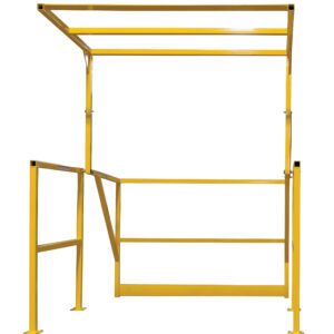 The Vestil Mezzanine Safety Gate 42 In Rail Height features a yellow canopy, stands freely, and is ideal for industrial use with horizontal rails and vertical supports to prevent falls or unauthorized access.