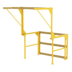 The Vestil Mezzanine Safety Gate, Knockdown, has a yellow metal loading gate with wooden bars and a platform. Its design includes vertical and diagonal supports for secure access and enhanced safety in industrial environments.
