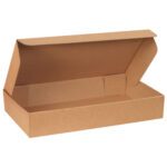 A 28 3/4 x 16 x 5 Kraft Garment Mailer box, open with a hinged lid and empty sturdy corrugated interior, is displayed at an angle against a plain white background.