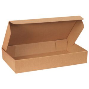 A 28 3/4 x 16 x 5 Kraft Garment Mailer box, open with a hinged lid and empty sturdy corrugated interior, is displayed at an angle against a plain white background.