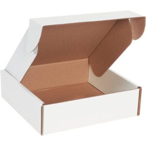 The MH-USA 10 x 10 x 3 White Deluxe Literature Mailer (50/Bundle) showcases a minimalist design with clean edges. Its open, white cardboard box has a partially flipped back lid, revealing the plain brown interior and exudes simplicity when viewed from an angle.