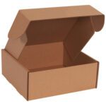 A 10 x 10 x 4 Kraft Deluxe Literature Mailer (50/Bundle) with unfolded flaps sits against a white background. Perfect for packaging or storage, this sturdy box keeps your items secure and organized.