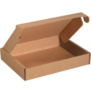 An open Kraft Deluxe Literature Mailer (11 1/8 x 8 3/4 x 2, 50/Bundle) with a partially raised hinged lid highlights its empty rectangular shape and corrugated edges, sitting on a plain white background to display its sturdy design.