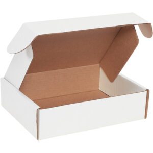 The MH-USA 11 1/8 x 8 3/4 x 3 White Deluxe Literature Mailers come in an open white cardboard design with a brown interior and feature side flaps and a top lid, making them perfect for spacious packaging needs (50/Bundle).