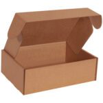 A 12 x 10 x 4 Kraft Deluxe Literature Mailer (50/Bundle), with a tuck-in flap lid and side flaps, rests against a plain white background.