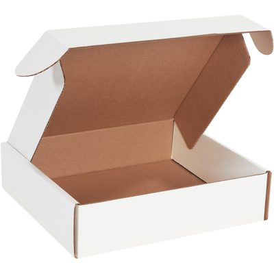 MFL12113.jpg An open MH-USA 12 x 11 x 3 White Deluxe Literature Mailer reveals its brown corrugated interior. Empty against a plain white background, it showcases a sturdy design ideal for packaging or shipping and is conveniently available in bundles of 50.