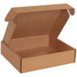 A 12 x 11 x 3 Kraft Deluxe Literature Mailer (50/Bundle) stands empty with flaps up on a white background, ideal for packaging or shipping small items.