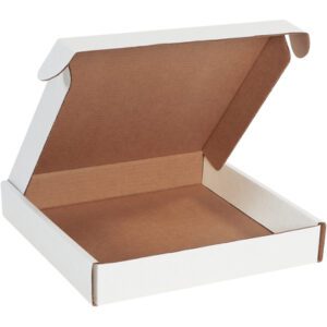 The open pizza box with its plain white exterior and brown interior resembles the MH-USA White Deluxe Literature Mailers, 12x12x2, showcasing its simple cardboard material with a partially open lid positioned to display its depth and dimensions.